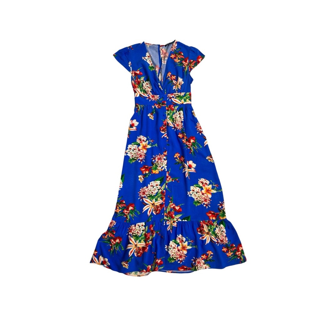 Express Blue Tropical Floral Maxi Dress XS Hawaiian Vacation Boho - Picture 7 of 10